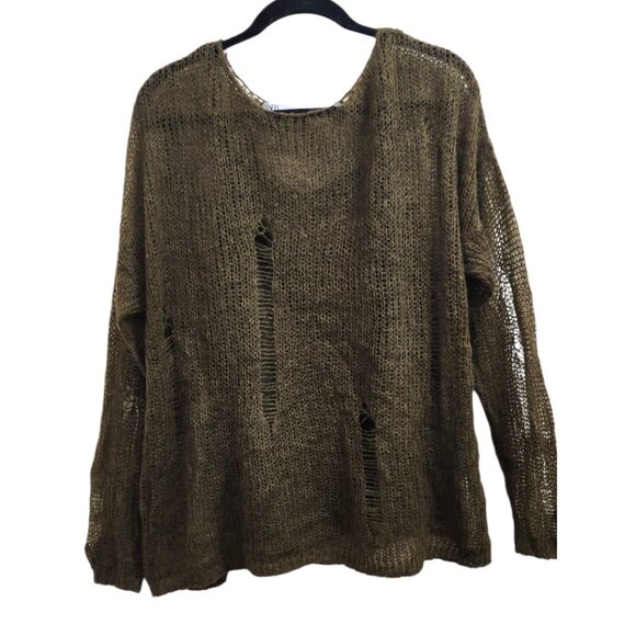 ZARA Distressed Knit Sweater Women’s Sze L Olive GreenLoose Open Weave Wool Boho - Picture 4 of 15